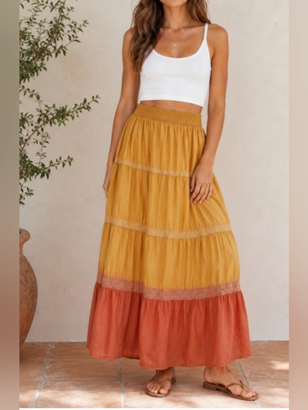 Nicole by Nicole Miller Yellow-to-Coral Ombre Tiered Maxi Skirt. Sz. XL. Pull On